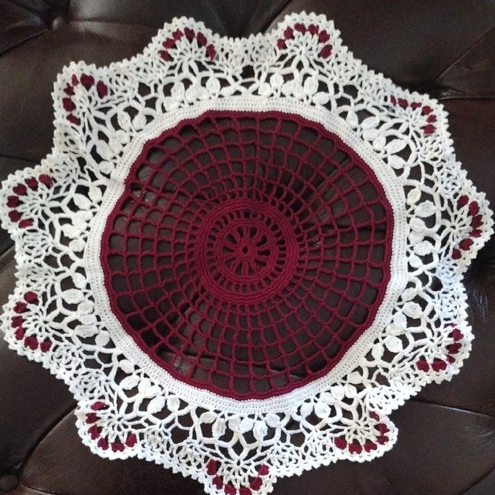 Crochet Doily in White and Burgundy